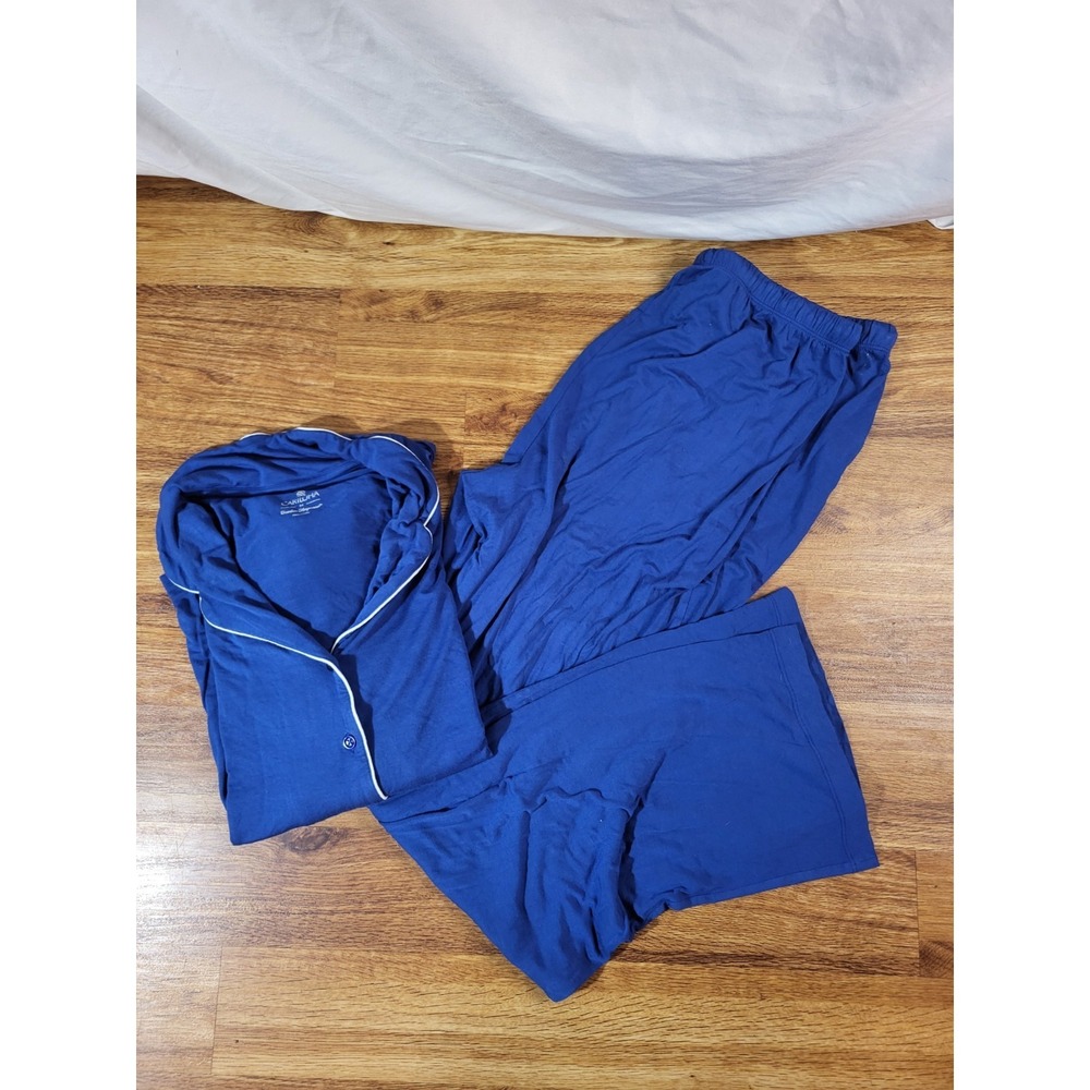 Cariloha Bamboo Sleepwear Pajama Set Medium Button Up Top Pants Blue 2 Piece